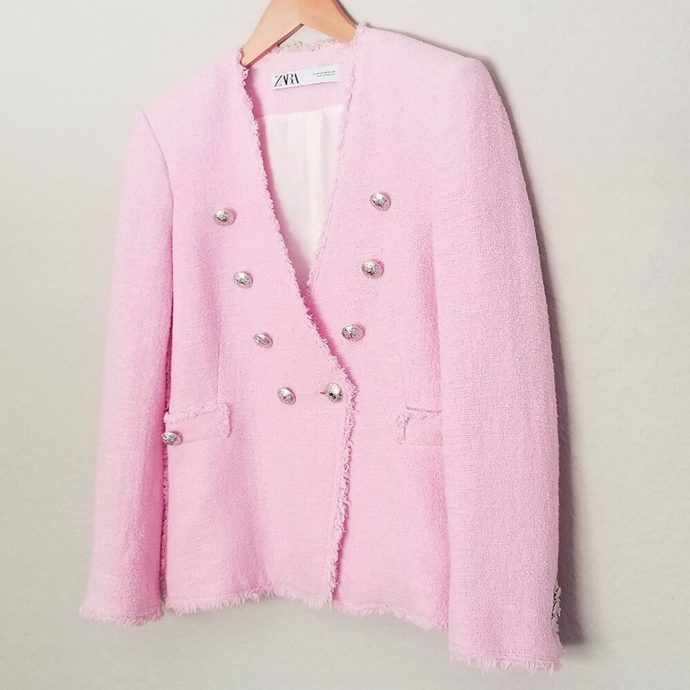 Zara Pink Tweed Blazer Jacket Metallic Buttons XS Blogger's Favorite Romantic - Picture 7 of 16